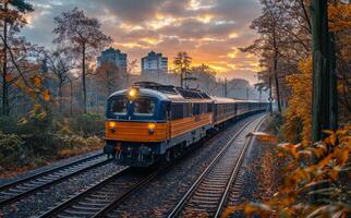 Passenger train moving through the forest at autumn sunset time. photo