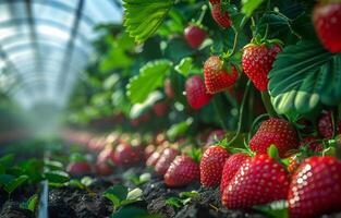 Strawberries growing in greenhouse. A strawberries growing in a berry farming tunnel photo