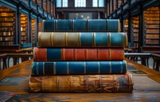 Old vintage books in library. Stack of books on table at library photo