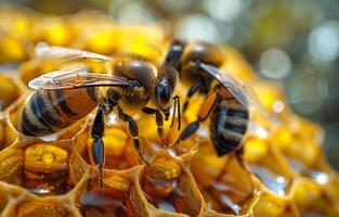 Bees are working on honeycomb. Two bees on a honeycomb photo