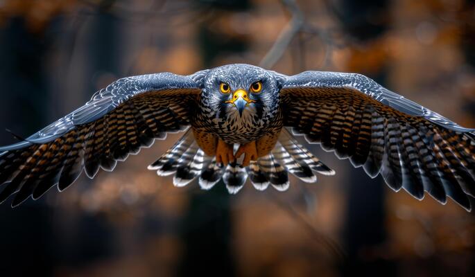 Bird of prey Goshawk flies in the forest with open wings. Goshawk on the hunt