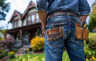 Handyman stands in front of house with his tool belt and hammer. photo