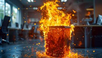 Burning trash can in empty office. Flaming rococo trash bin in an office photo