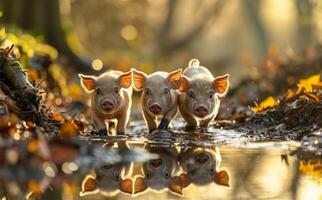 Three little pigs in row in the mud. Piglets at Play photo