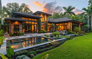 Modern house with garden and pool. Modern Design. Landscaping photo