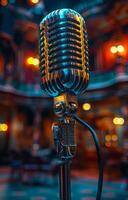 Vintage microphone on stage in the spotlight performance of the musical group. photo