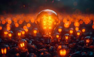 Glowing light bulb standing out from the unlit incandescent bulbs on the ground and among the grass at night. photo