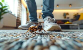 a white modern apartment interior with a cockroach crawling around photo
