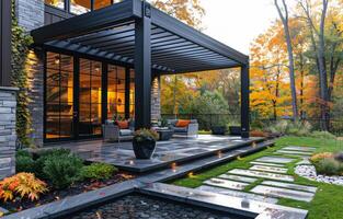 Modern house with patio in the fall photo