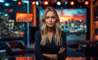 Beautiful young woman sitting at the table and looking at camera while working in the evening in the studio photo