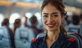 Beautiful young air hostess smiling while standing in the airplane photo