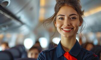 Beautiful air hostess smiling while standing in the airplane photo