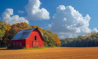 Red barn sits in field with trees and blue sky in the background. photo