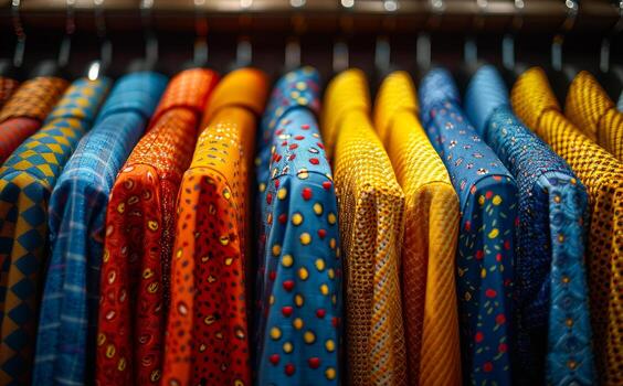 vistoso camisas colgar en perchas en tienda. de cerca foto de de los hombres camisas colgando