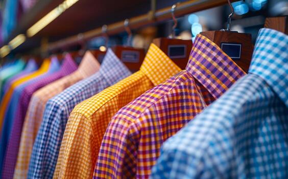 vistoso hombres camisas en Al por menor almacenar. de cerca foto de de los hombres camisas colgando
