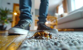 Cockroach is crawling on the floor in the foreground and man is in the background. photo