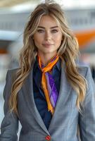 Beautiful young female flight attendant is posing for camera in the airport photo