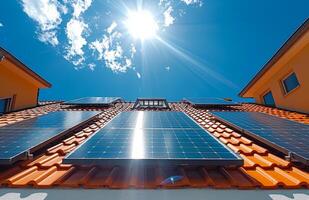Solar panels on the roof of house. A photo of solar panels on the roof of a modern house