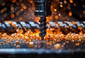 Mechanical engineering. A drill milling its way through metal shavings with sparks flying everywhere photo