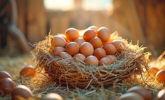 Chicken eggs in the straw nest on the wooden rustic table photo