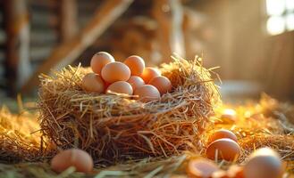 Fresh organic chicken eggs in straw nest on poultry farm with vintage farmhouse in the background photo