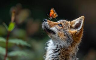 Red fox sniffs butterfly on its nose. A animal in nature playing with a butterfly on its nose photo