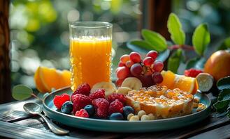 Breakfast of fruit and toast. Healthy breakfast. photo