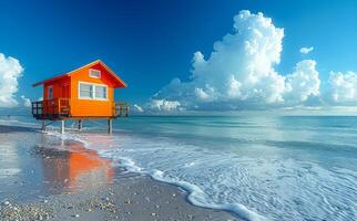 Bright orange lifeguard hut stands on the beach with the ocean and clouds in the background. photo