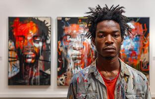 Portrait of man with dreadlocks standing in front of his paintings in art gallery photo