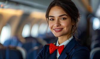 Beautiful flight attendant is looking at camera while standing in the airplane photo