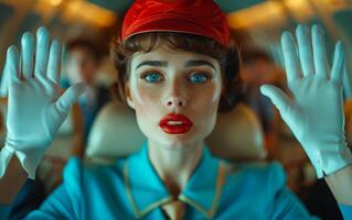 Beautiful woman in red cap and gloves is sitting in the chair in the cabin of the aircraft. photo