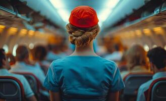 Young beautiful stewardess in red cap is standing in the aisle of the aircraft. photo