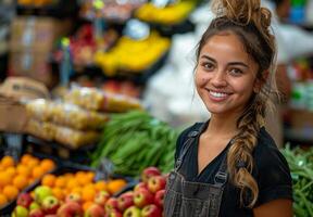 Young woman stands in front of fruit stand and smiles at the camera. photo
