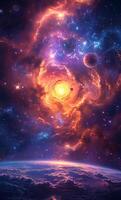 Planets over the nebulae in space. The solar system with the planets and sun in space photo