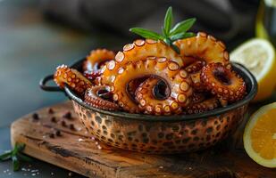 Grilled octopus tentacles served in copper pan with fresh lemon and herbs photo