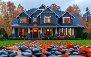 Big custom made luxury house with nicely landscaped front yard and driveway to garage in the suburbs photo
