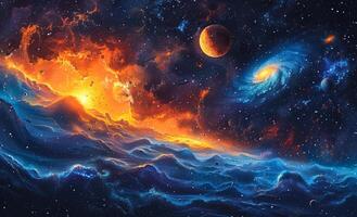Planets over the nebulae in space. The solar system with the planets and sun in space photo