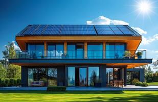 Modern house with solar panels on the roof. A photo of solar panels on the roof of a modern house