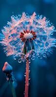 Dandelion with water drops on blue background photo
