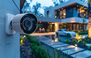 Security camera mounted on the wall and house in the background photo