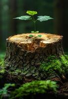 Small tree sprouts from stump in the forest. A tree stump with its top cracked open photo