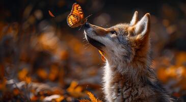 Fox and butterfly in the forest. Animal in nature playing with a butterfly on its nose and howling photo
