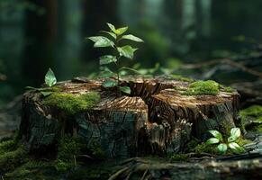 Small tree sprouts from stump in the forest. A tree stump with its top cracked open photo