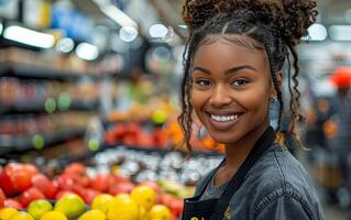 Young woman is smiling while working in grocery store photo