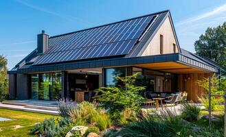 Modern house with solar panels on the roof. A photo of solar panels on the roof of a modern house