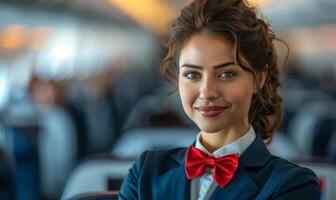 Beautiful air hostess in uniform smiling while looking at the camera in the airplane photo