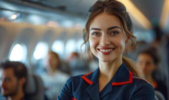 Beautiful flight attendant smiling while looking at camera during her flight photo