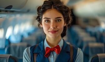 Beautiful air hostess posing at the airport. A beautiful flight attendant standing in the cabin of an airplane photo