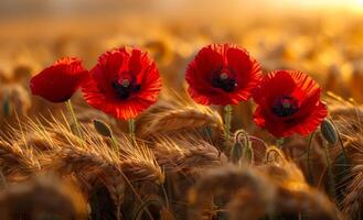 Red poppies in the field of wheat at sunset. A photo of red poppies in the middle of an field