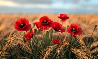 Red poppies in the field of wheat. A photo of red poppies in the middle of an field